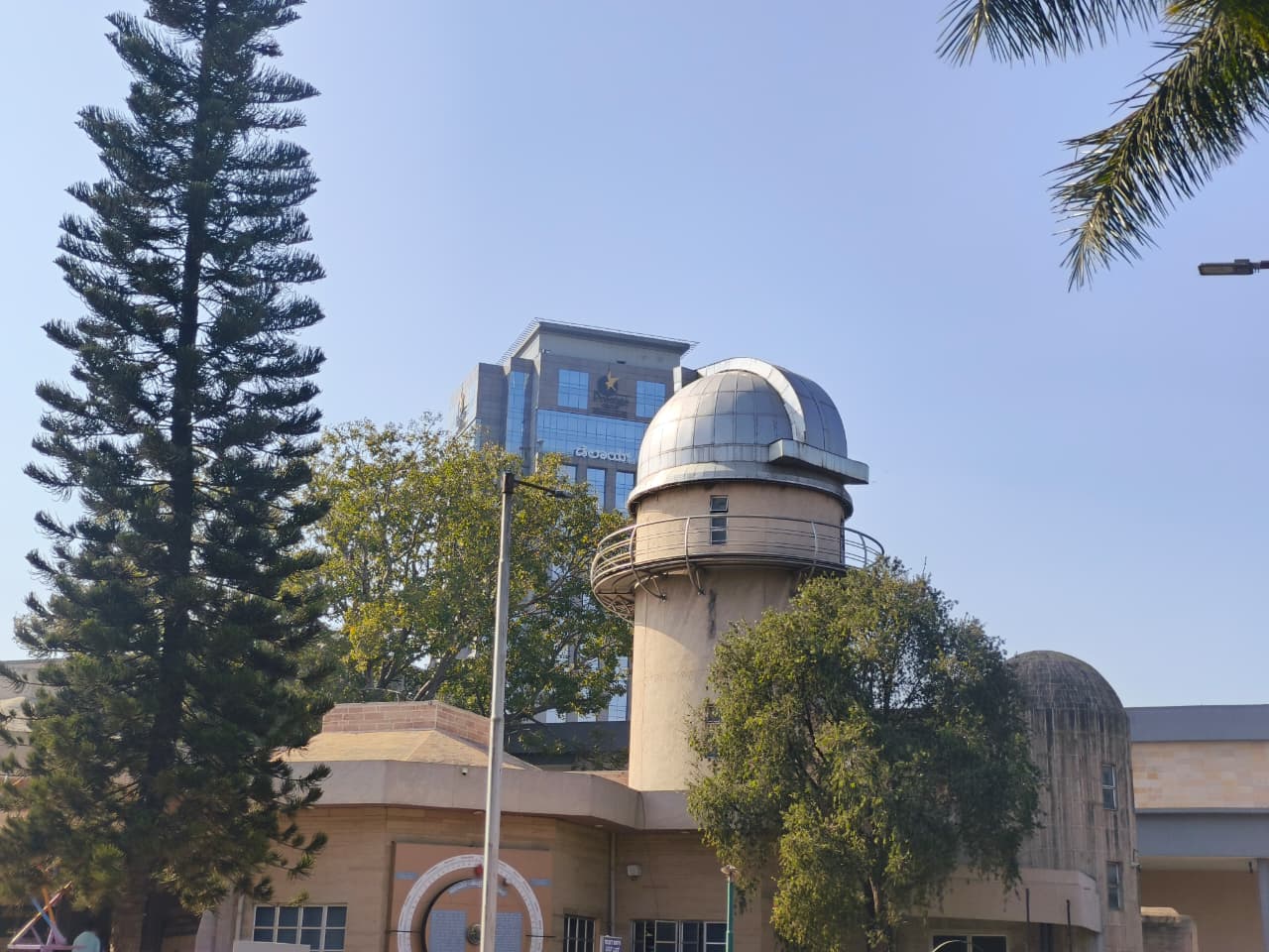 Planetarium dome exterior at dusk